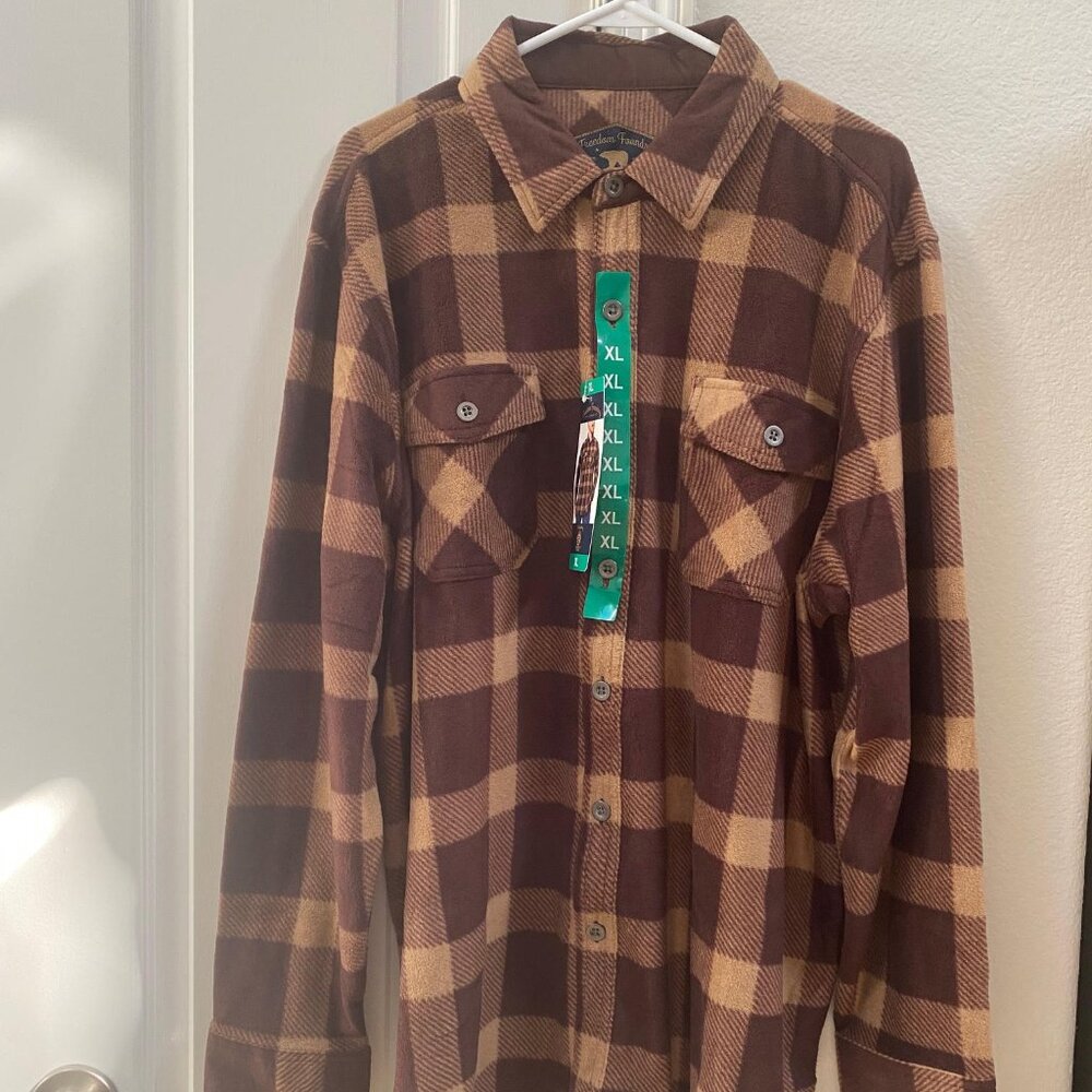 NWT Freedom Foundry Men's Stretch Brown Plaid Fleece Long Sleeve Shirt, XL